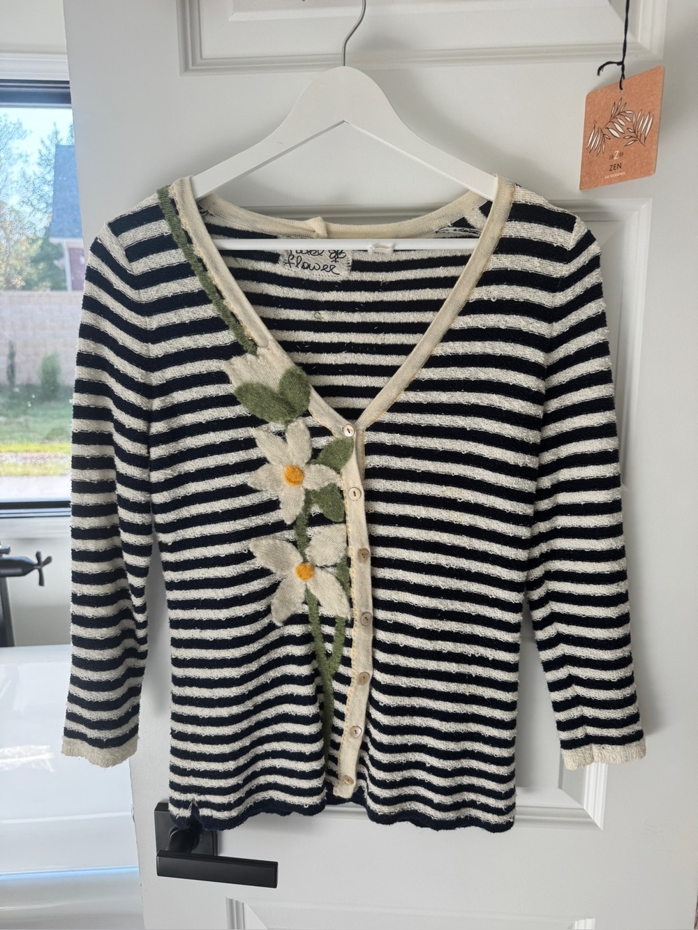 Anthropologie Field Flower Striped Daisy Applique Cardigan XS